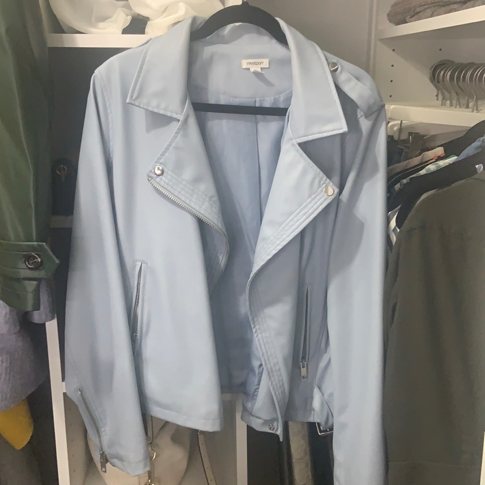 Faux Leather Moto Jacket in Baby Blue